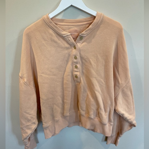 American Eagle Henley Sweater Womens Medium Cropped Peach Beach Coastal Oversize - Picture 1 of 5